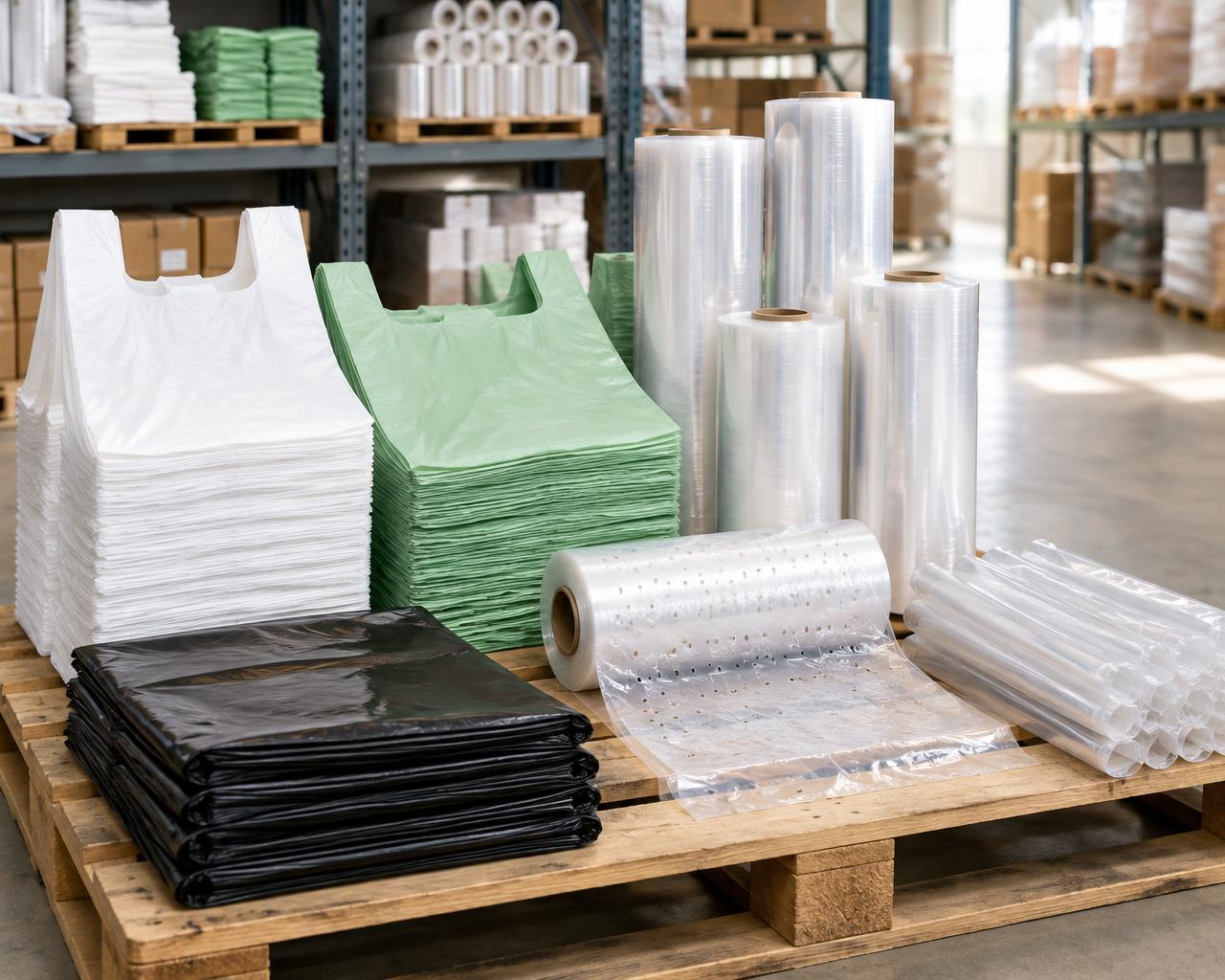 Variedade de embalagens plásticas: sacolas brancas e recicladas, bobinas de filme, sacos de lixo pretos e sacos tubulares