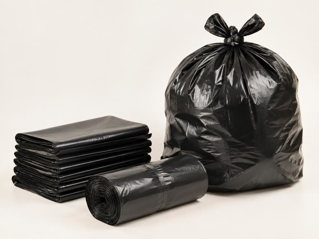 Sacos de lixo pretos em rolo e dobrados